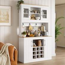 Kitchen Buffet Buffet Cabinet With Attachment 175 Cm, Kitchen Cabinet With Glass Doors, Wine Rack And Hook Rack, Large China Cabinet, Pantry Cabinet, Kitchen Cabinet For Kitchen, Dining Room, Living Room, 106 X 39 X 175 Cm - White - View 1