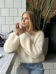 Women's Round Neck Ribbed Solid Color Lantern Sleeve Long Sleeve Autumn/Winter Casual Soft Comfortable Versatile Knit Pullover, Essential For Daily Outings And Cafe Photo Shoots - Apricot - View 4