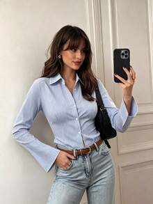 Women's Spring/Autumn American Hot Girl Style Commuter Collared Waist-Cinching Flared Long Sleeve Blue & White Striped Blouse Top, Suitable For Casual Commuting, Shopping, Dating, Urban Outings, Afternoon Tea, Store Exploration, Daily Wear - Blue - View 2