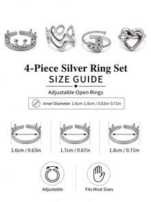 304 Stainless Steel Heart-Shaped Combination Ring Set, Multiple Styles - Heart-shaped, 4 Pieces - View 4