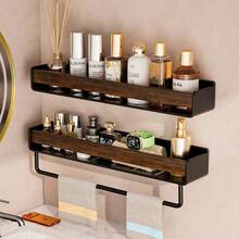 1pc Walnut Wood Detachable Wall-Mounted Storage Shelf, Drill-Free And Drill-Compatible Hollow Drainage Tray, Bathroom Entryway Skincare Wall Organizer - Multicolor - View 1