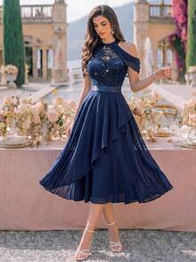 MIUSOL Gaun Koktail Elegan Model Halter Neck dengan Hiasan Payet, Bunga, dan Renda Berlapis, Cocok untuk Ulang Tahun, Tamu Pernikahan, dan Makan Malam Musim Panas. - Navy Blue - View 11