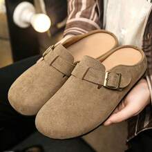 Men's Casual Retro Slip-On Mule Loafers With Metal Decor, Half-Toe Backless Slides - Khaki - View 2