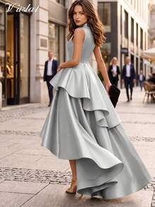 Vuslat Women's Autumn Stand Collar Sleeveless Layered Ruffle Fishtail Long Dress, Suitable For Banquet, Graduation Ceremony, Party, Birthday - Silver - View 10