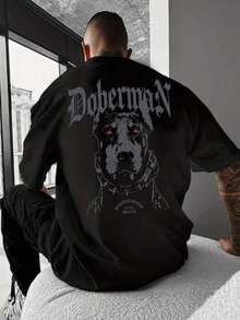Manfinity Dauomo Camiseta Negra Holgada Con Estampado De Letra De Perro Doberman - 樣式1 - 查看 5