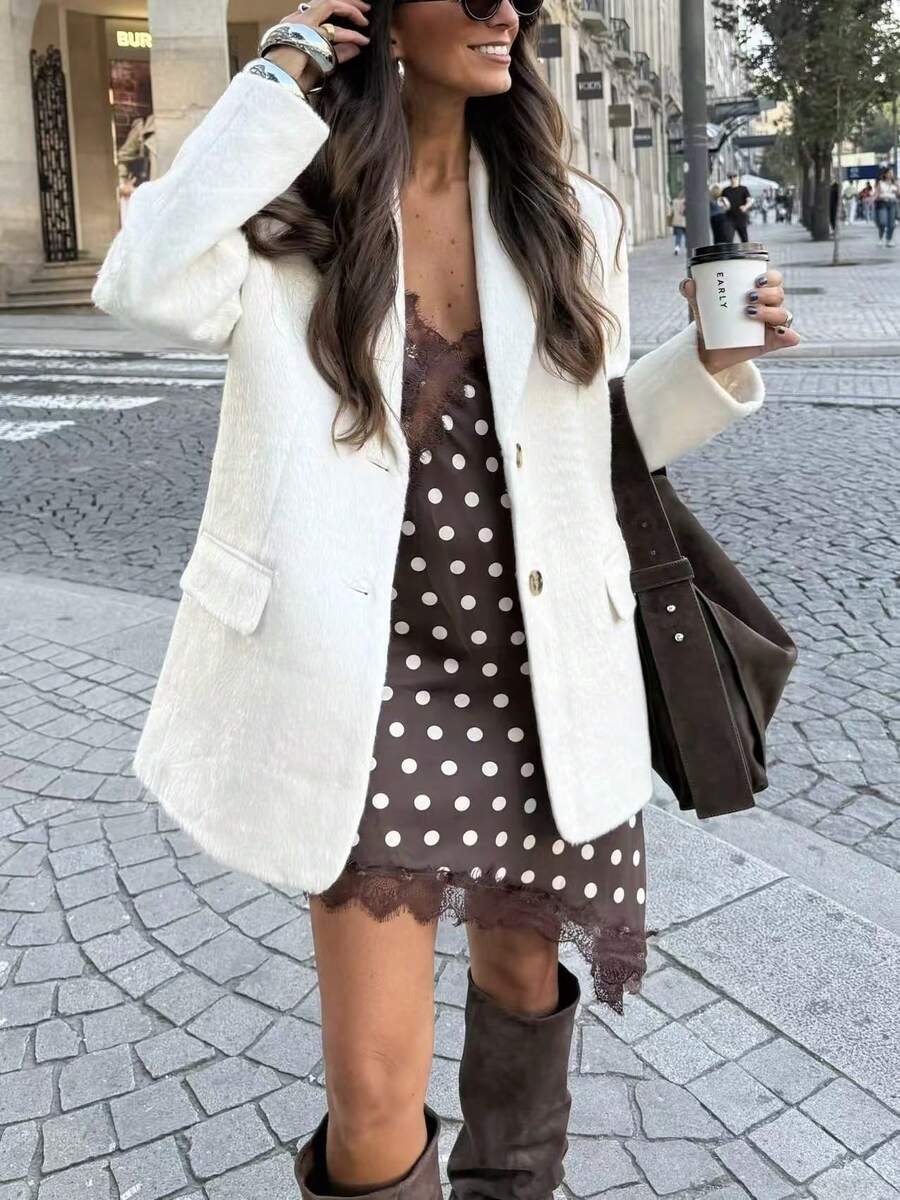 Women's White Long Sleeve Regular Fit Blazer, Button Front Design, Non-Stretch Fabric, Suitable For Autumn/Winter, Fashionable Versatile Jacket - Off-white - View 1