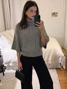 女款休閒秋冬純色灰色高領毛衣，插肩袖針織上衣，收腰紋理設計，日常通勤辦公穿搭套頭衫 - 灰色 - 查看 8