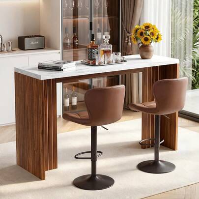 Faux Marble Bar Height Table, Narrow Counter Height Pub Table, Living Room Kitchen Dining Entryway Furniture, Sturdy Side Legs Storage Organizer Rack, Modern Style, White Walnut