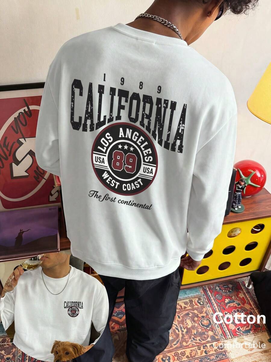 Autumn California Los Angeles USA 89 West Coast First Mainland Print Men's Crew Neck Long Sleeve Thin T-Shirt T-Shirt Millennium Style - White - View 1