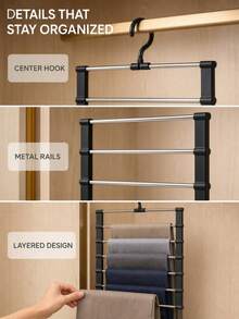 6-Tier Stainless Steel Folding Pants Rack, Skirt Rack Set, Space-Saving Multi-Layer Clothing Storage Rack, Suitable For Wardrobes And Cabinets, Can Store Jeans, Skirts, Etc., Metal Structure, Efficient Closet Storage - Silver - View 6