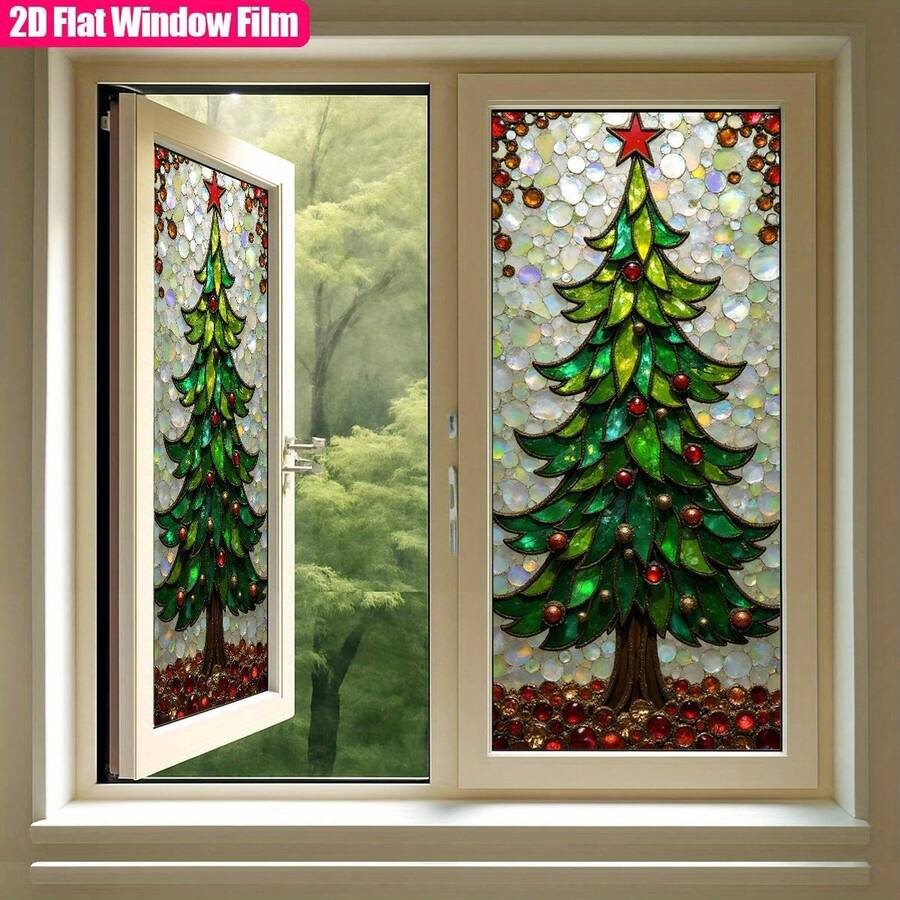 1/3/5pcs Stained Glass Style Christmas Tree Frosted Window Film, Static Decorative Privacy Window Sticker, Removable Xmas Glass Decor, Winter Holiday Room Decor For Home Living Room Window - Christmas Tree Frosted Window Film - View 1