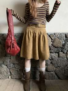Vintage Pleated Skirt For Women, Autumn/Winter New Style, High Waist, Slimming, Versatile - Brown - View 2