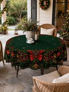 1pc Dark Green Christmas Wreath Tablecloth, Elegant Polyester Rectangular Tablecloth, Printed With Pine Branches, Red Bows, Berries And Decorative Balls Pattern, Suitable For Kitchen Decor, Home Decor, Room Decor, Christmas Home Decor And Classroom Decor - Multicolor - View 9