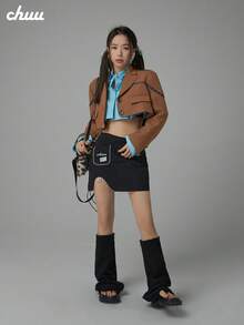 CHUU Letter Embroidered Short Blazer Women's Autumn Colorblock Patchwork Zipper Jacket - Coffee Brown - View 4