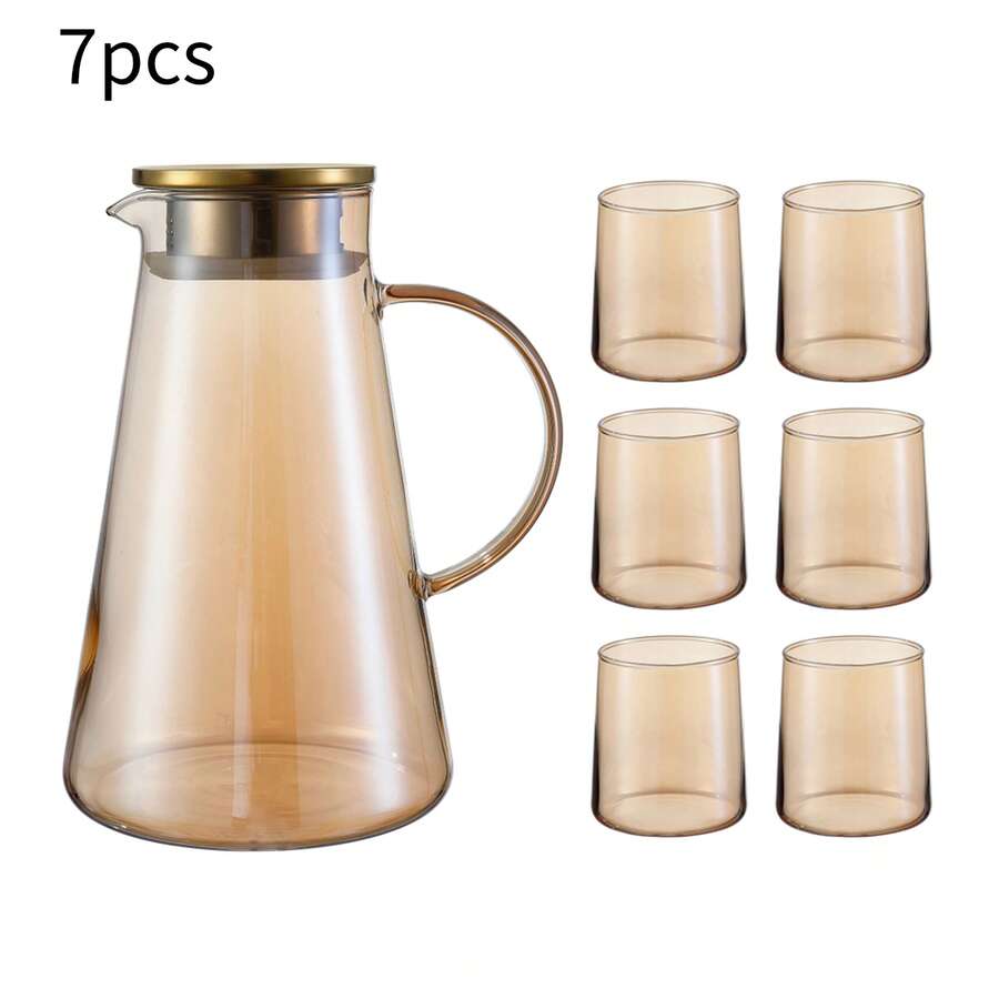 7 Pcs Glass Water Pitcher Set, Pitcher With Filter Lid Comes With 6 Glass Cups, Heat‑Resistant Amber Glass Teapot, Suitable For Serving Cold Water, Fruit Juice And Floral Tea On Dining Tables In Home Living Rooms - Multicolor - View 1