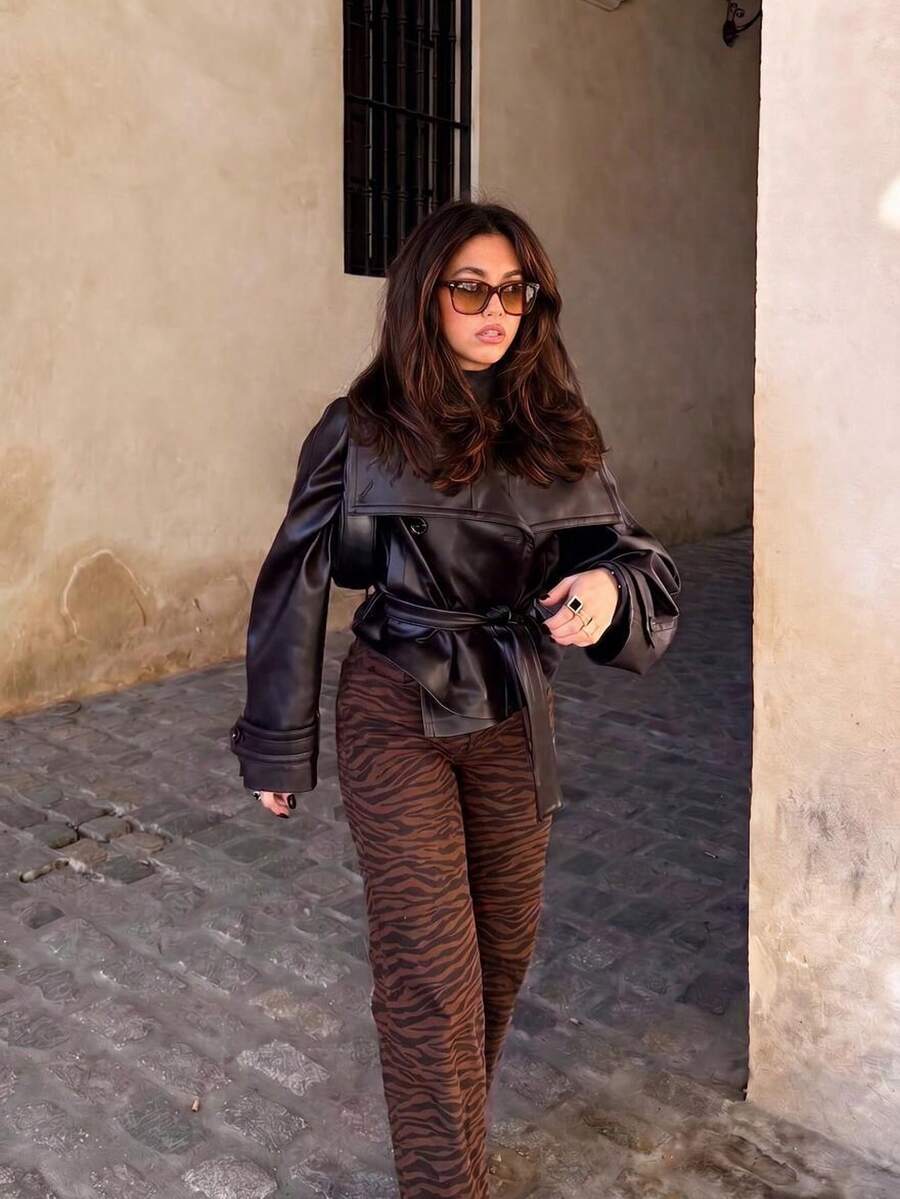 Women's Solid Color PU Leather Long Sleeve Single-Breasted Tie Waist Autumn/Winter Fashion Casual Jacket Fall - Black - View 1