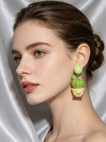 1 Pair Cartoon Cute Resin Cactus Earrings, Personalized Exaggerated Versatile Fashion Sweet Quirky, Suitable For Girls Dating, Vacation, Party, Gathering Outfit Wear - Multicolor - View 2