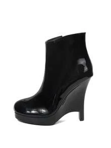 Red & Black Solid Color Commuter Side Zipper 2026 Mirror Wedge High Heels Holiday Winter - Black - View 2