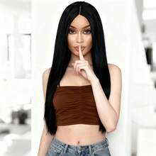 Wig Lurus Panjang 70cm Gaya Belahan Tengah Desain Topi Jaring Kepadatan Tinggi Lembut Halus Serbaguna Modis Cocok Untuk Semua Wanita Cosplay Halloween Pemakaian Sehari-hari - hitam - View 5