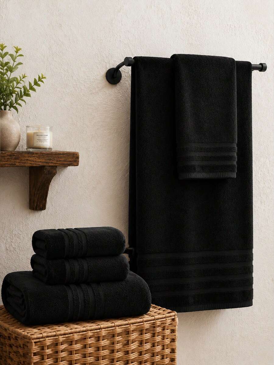 1pc/2pcs Luxury Bamboo Fiber Towel Set – Soft, Fluffy, Highly Absorbent, 2-Piece Set Includes Bath Towel And Hand Towel, Perfect For Bathroom, SPA, Gym, Hotel Quality - All Black - View 1