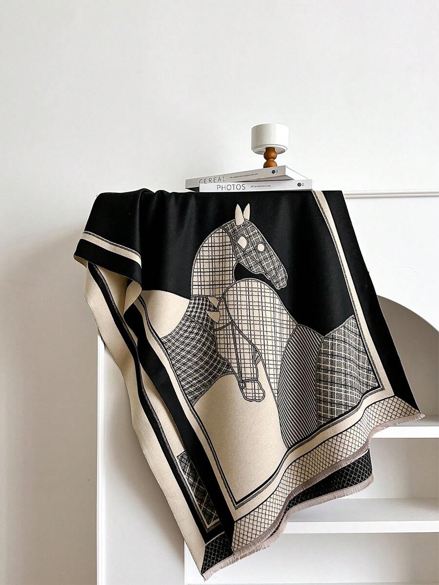 1pc Women's Double-Sided Faux Cashmere Horse Pattern Jacquard Warm Scarf Shawl, Suitable For Daily Use In Autumn/Winter - Black - View 1