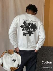 Autumn Men's Floral Print & Text Slogan Long Sleeve Lightweight T-Shirt T-Shirt, Crew Neck Design, Back Graphic, Y2K Style - White - View 6