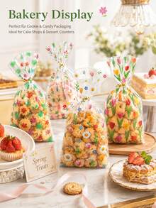20pcs Spring Floral Candy Bags Transparent Treat Packaging Colorful Flower Print Twist Tie Bakery Party Wedding Birthday Dessert Snack Gift Supplies - View 3