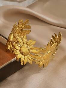 1pc Stainless Steel Fashionable Exaggerated Chunky Sunflower Bracelet Suitable For Women's Daily Wear - Yellow Gold - View 2