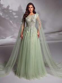 IBTRLY Spring/Summer New Elegant Luxury Green Sequin Beaded Floral Decor High Slit Mesh Formal Evening Gown Suitable For Party, Wedding, Graduation, Birthday, Celebration, Prom, Homecoming, Vacation, Date - Green - View 6