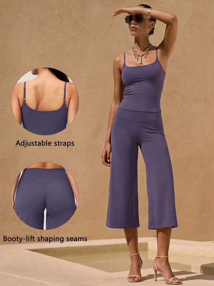TimeOff Conjunto deportivo de mujer de un solo color con tirantes ajustables, camiseta de tirantes y pantalones de pierna ancha de largo medio - Morado - Ver 1
