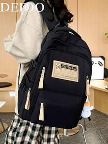 Dedoo Random Letter Print Large Capacity Vintage College Style Student Campus Daily Backpack, University Campus Backpack - Black - View 1