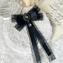 Bowknot Lace Patchwork Shiny Rhinestone Long Ribbon Brooch, Women's Bowknot Collar Accessory, Versatile Clothing Accessory For Shirts And Dresses, Decorative Collar Bow, Holiday Gift - Black - View 1