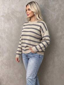 Sweater Rajut Bergaris Ukuran Besar untuk Wanita, Atasan Lengan Panjang Nyaman dengan Leher Bulat dan Bahu Longgar untuk Musim Gugur dan Musim Dingin - Aprikot - View 3