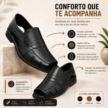 Chinelo Masculino Sandalia De Couro Casual Com Forro Macio Palmilha Espumada Confortavel Sola De Borracha Estilo Moderno Moda Praia E Passeio - Preto - Visão 4