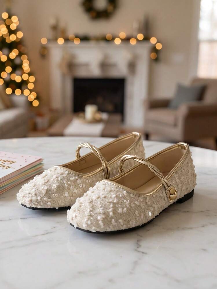Sequin Ballet Style French Glitter Flat Shoes Round Toe Single Strap Pearl Strap Soft Sole Versatile Mary Jane Women's Shoes Suitable For Commuting And Dating - Beige - View 7