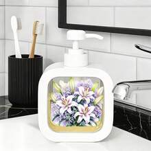 White Frame Visible Window Hand Soap Dispenser Watercolor Purple White Lily With Baby Breath Floral Print Refillable Pump Bottle Large Capacity Bathroom Kitchen Lotion Storage Container - Multicolor - View 7