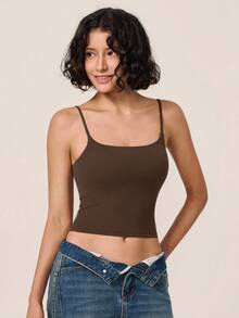 TimeOff Women's 1pc Solid Color Spaghetti Strap Backless Padded Cropped Tank Top For Outdoor Running And Fitness - Mocha Brown - View 9