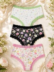 Aesletic 3 Packs Ditsy Floral Women Panties, Bow Decor Lace Trim Briefs Underwear Set - Multicolor - View 4