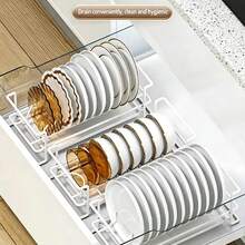 One-Piece White Silent Steel Ball Slide Rail Pull-Out Bowl And Dish Rack, Kitchen Countertop Organizing Cabinet Tableware Storage Rack, Bowl And Dish Draining Rack, Pull-Out Is More Convenient,No-Install Floor-Standing Dish Rack, Kitchen Bowl And Pla - View 9