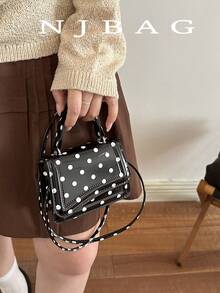 Mini Polka Dot Pattern Fashion PU Designer Style Elegant Women's Flap Top Small Handbag, Square Crossbody Shoulder Bag - Black - View 1