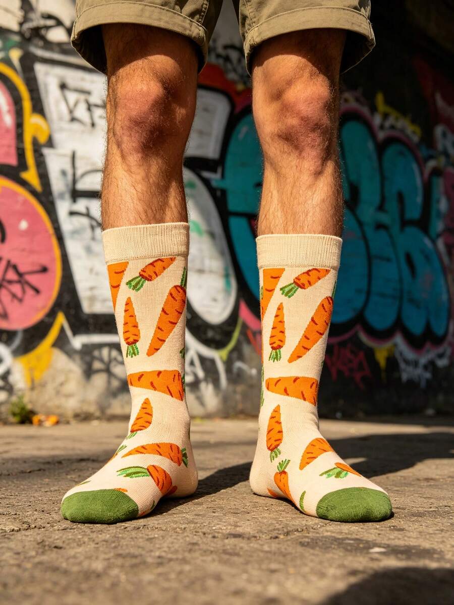 1 Pair Men's Cream Base With Orange Carrot All-Over Print Mid-Calf Socks, Fun Pastoral Style, Suitable For Spring/Autumn/Daily Wear/Campus Style - Multicolor - View 1