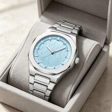 Men's Fashionable Ice Blue Watch, Silver Octagonal Case, Vertical Textured Dial, Elegant Casual Quartz Watch - one-size - View 1