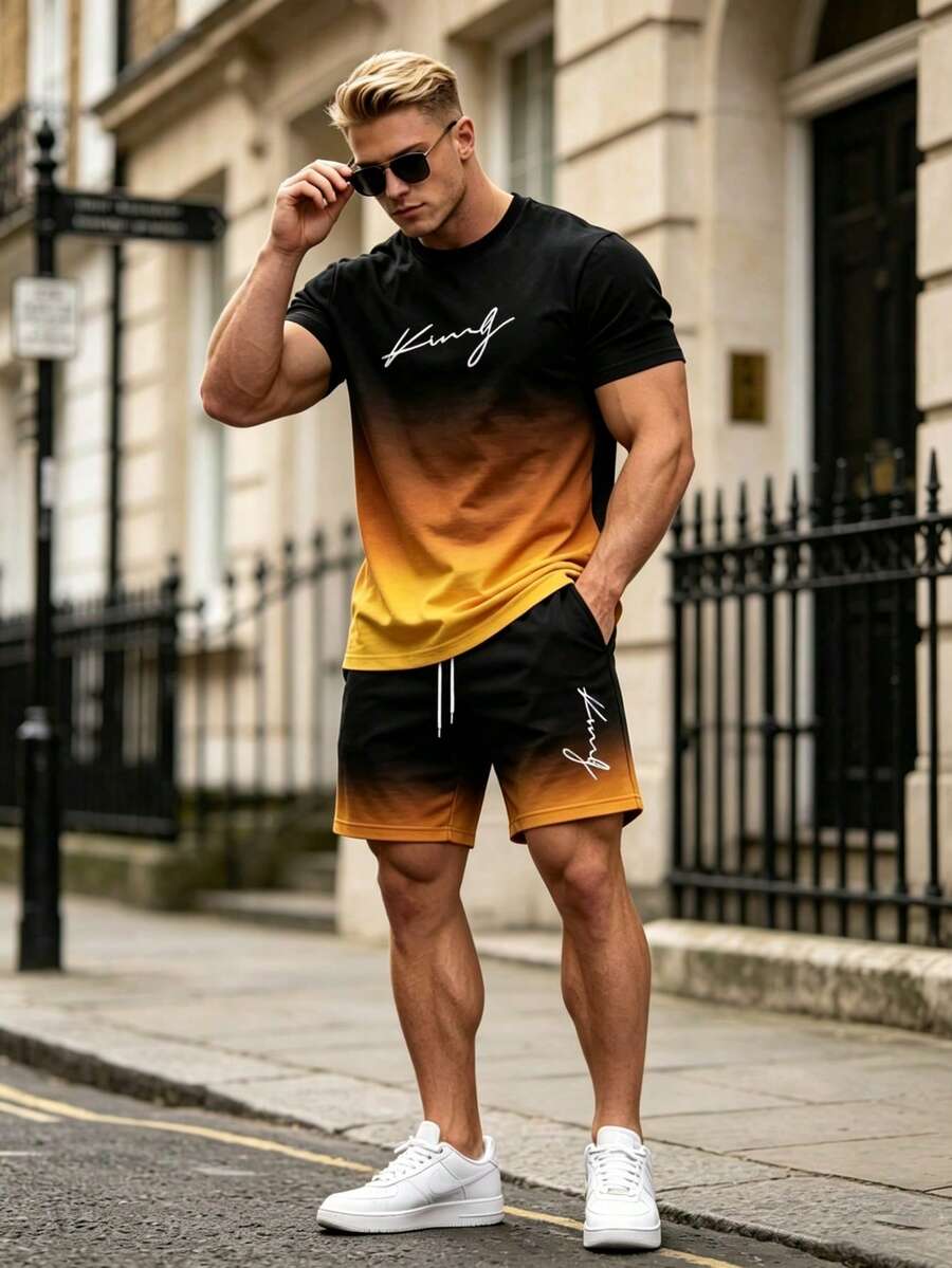 Men's Casual Ombre Letter Print Round Neck Short Sleeve Top And Drawstring Shorts Set, Comfortable Outfit, 100% Polyester, Lightweight Stretchy Fabric, Suitable For Summer Wear - Multicolor - View 1