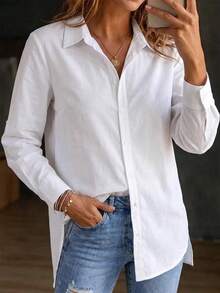 Women's Solid Color Long Sleeve Single-Breasted Casual Commute Shirt - White - View 3