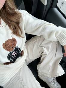 Plus Size Women's Round Neck Thick Knit Sweater, Cute Teddy Bear Pattern Drop Shoulder Long Sleeve Pullover, Casual Autumn/Winter Sweater - White - View 5