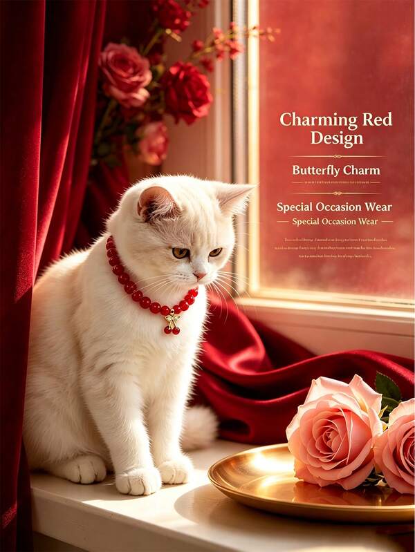 1 pièce Collier pour animaux de compagnie avec perles rouges, convient aux chats et aux chiens, accessoire de collier de chat à la mode, parfait pour les filles, les chats, les petits et moyens chiens, essentiel pour les voyages