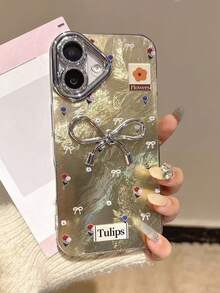 1pc Premium Red Fashion Floral Metal 3D Bow Phone Case - Precise Camera Hole Protection Soft Shell Compatible With Apple 11/12/13/14/15 Plus/16 Pro Max/17 Pro Max - Light Yellow - View 4