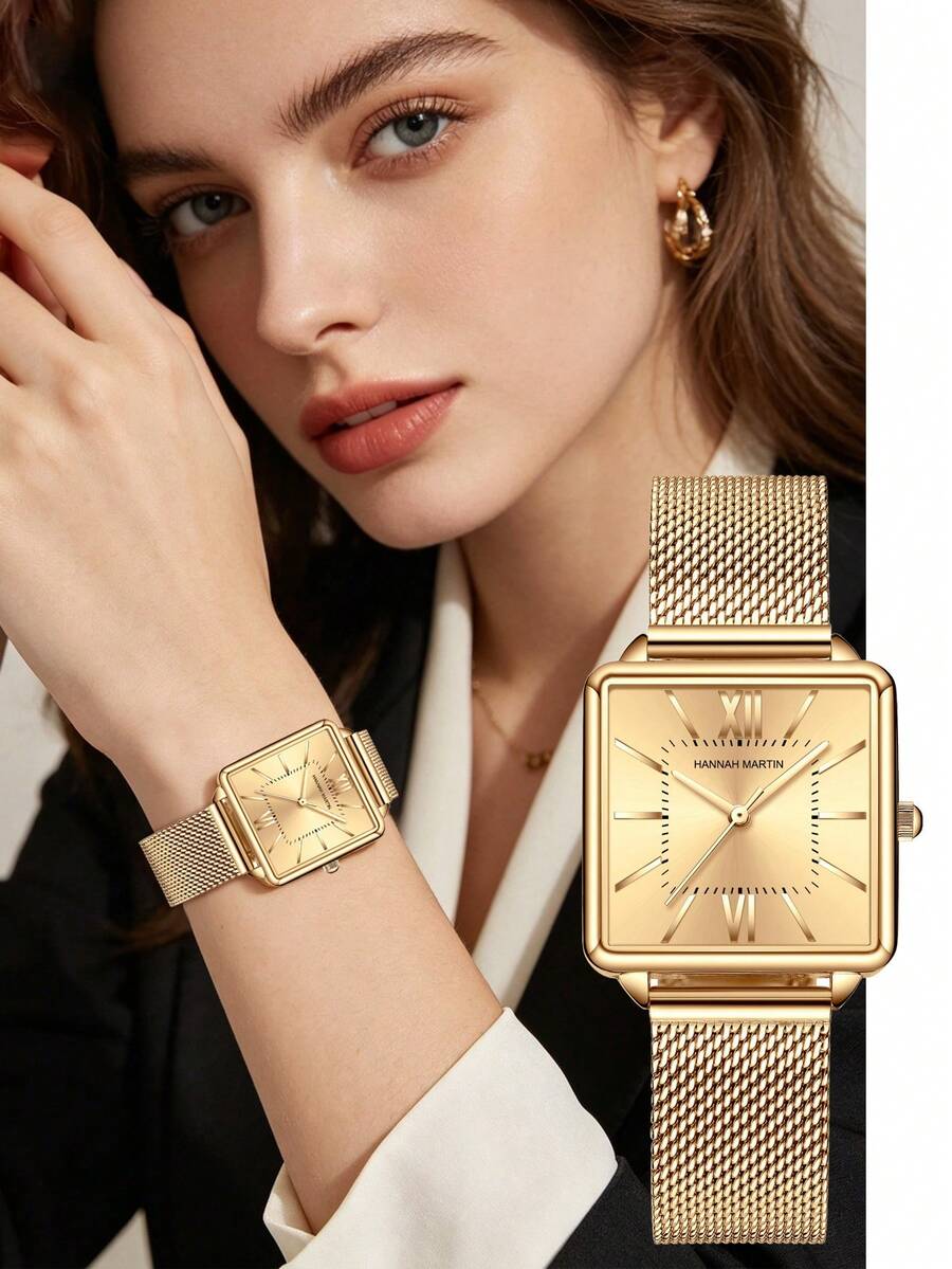 HANNAH MARTIN 1pc Women's Square Dial Watch, Minimalist Metal Mesh Band Quartz Watch, Multi-Color Dial, Suitable For Office, Daily And Professional Looks