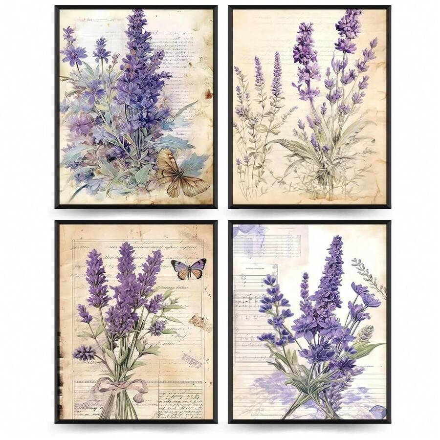 4pcs Vintage Lavender Wall Art Prints, Vintage Botanical Floral Decor, Style Lavender Poster, Suitable For Bedroom, Farmhouse, (Unframed) - Lavender - View 1