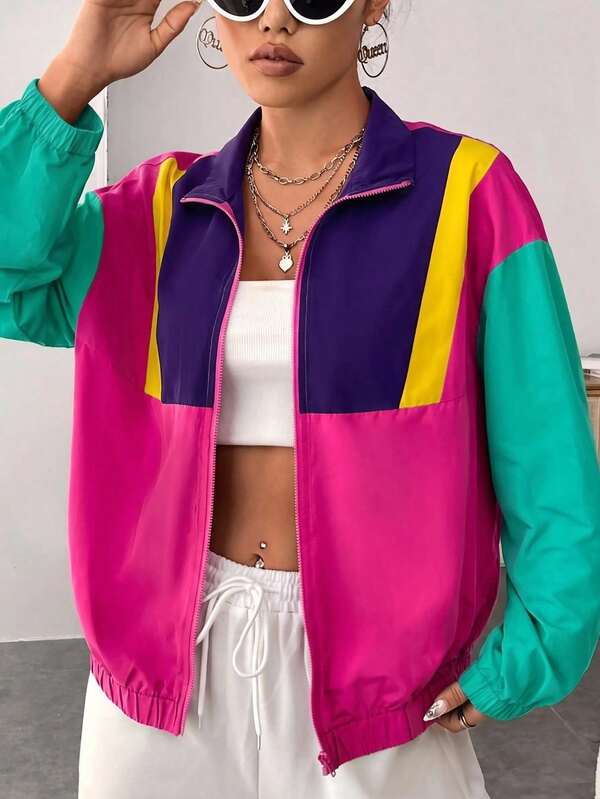 Women Color Block Drop Shoulder Zip Up Jacket Casual Outerwear For Women Fall Winter Streetwear Long Sleeve Fashion Coat Daily Layering Outfit